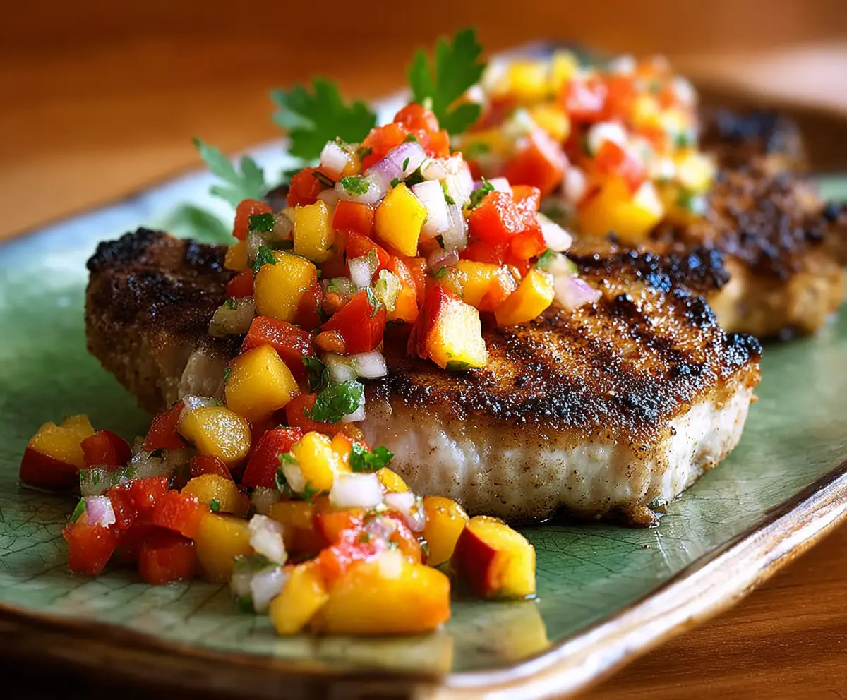 Juicy grilled pork chops topped with vibrant nectarine salsa on a summer plate.