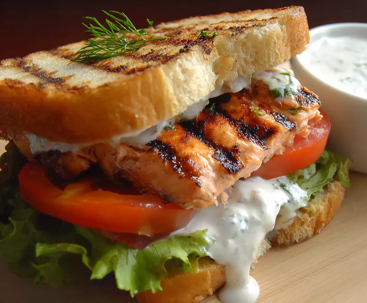 Delicious grilled salmon sandwich topped with fresh dill sauce on whole grain bread.