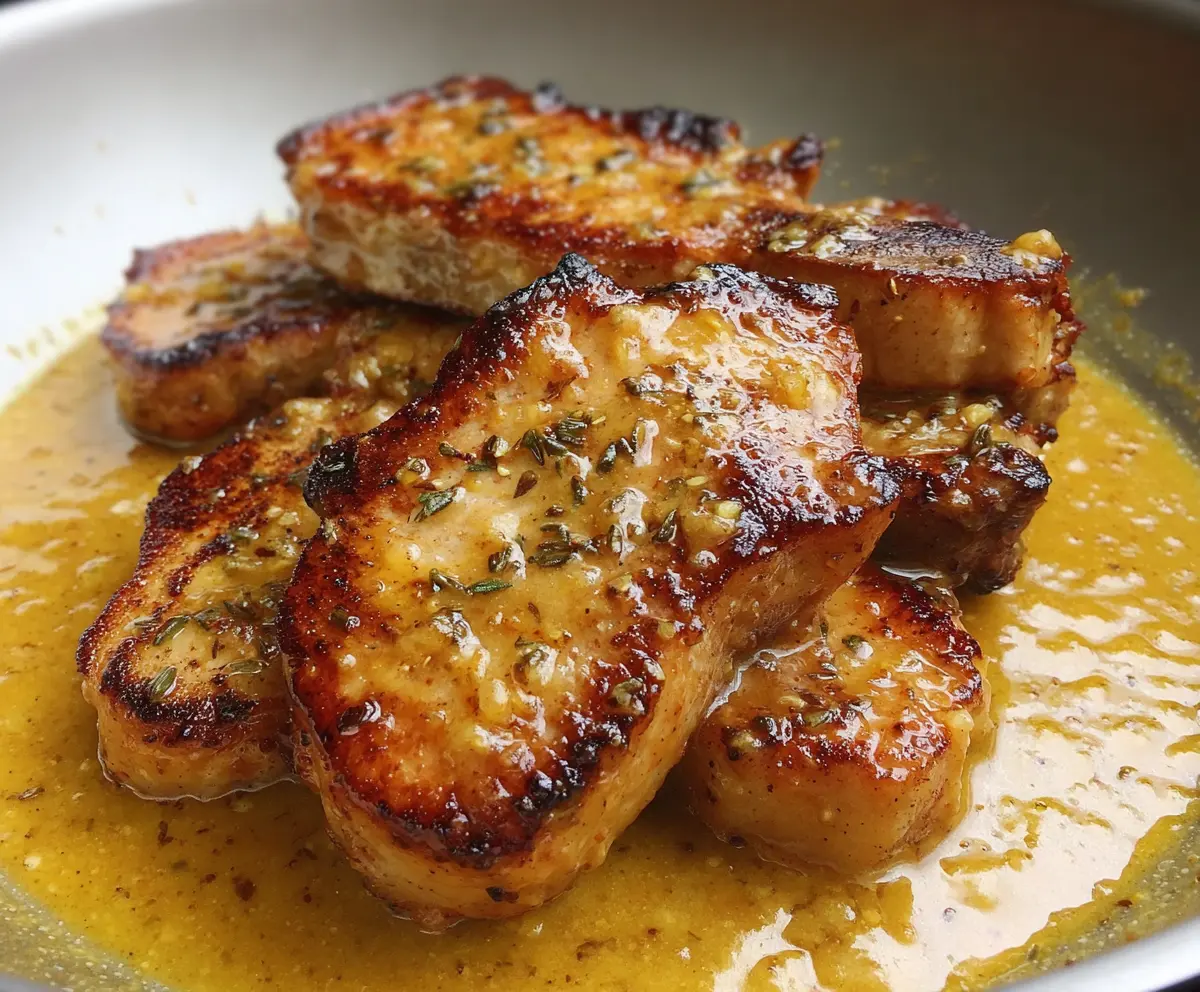 Juicy honey mustard glazed pork chops served with fresh herbs on a white plate.