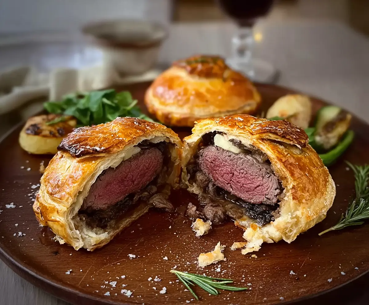 Delicious individual beef Wellingtons with golden puff pastry and tender beef fillet