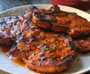 Juicy marinated spicy pork chops grilled to perfection on a barbecue.