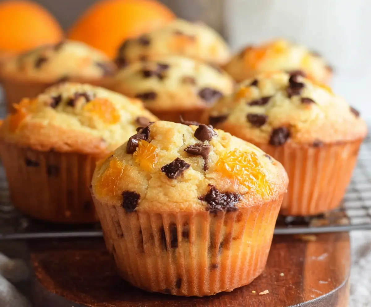 Delicious orange chocolate chip muffins with vibrant citrus flavor and melted chocolate chips.