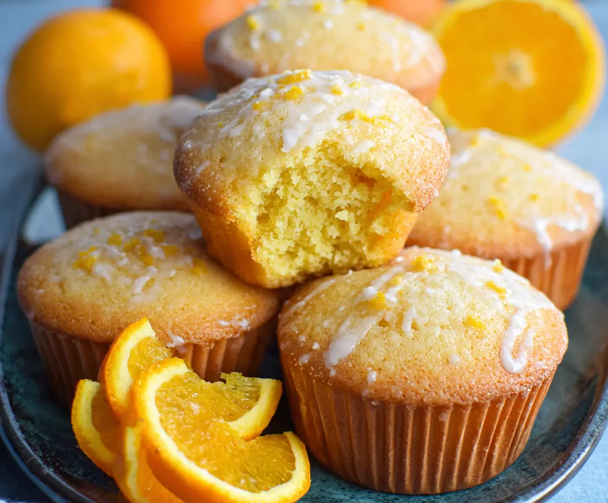 Freshly baked orange muffins glazed with citrus zest, perfect for breakfast or snack time.