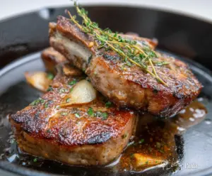 Juicy pan-roasted pork chops with golden-brown crust served on a rustic plate.