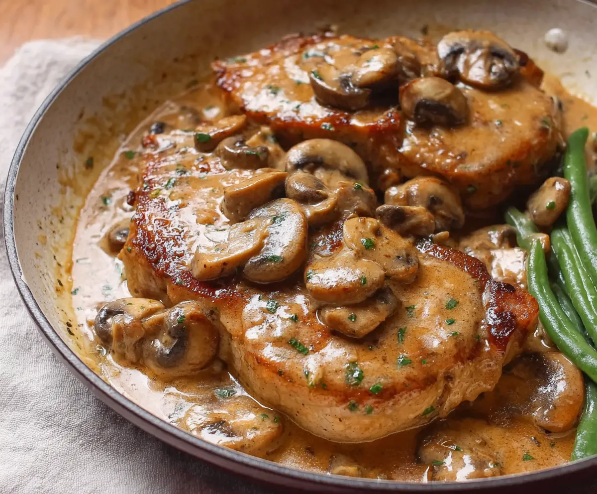 Delicious pork chops topped with a savory garlic mushroom sauce on a rustic plate.