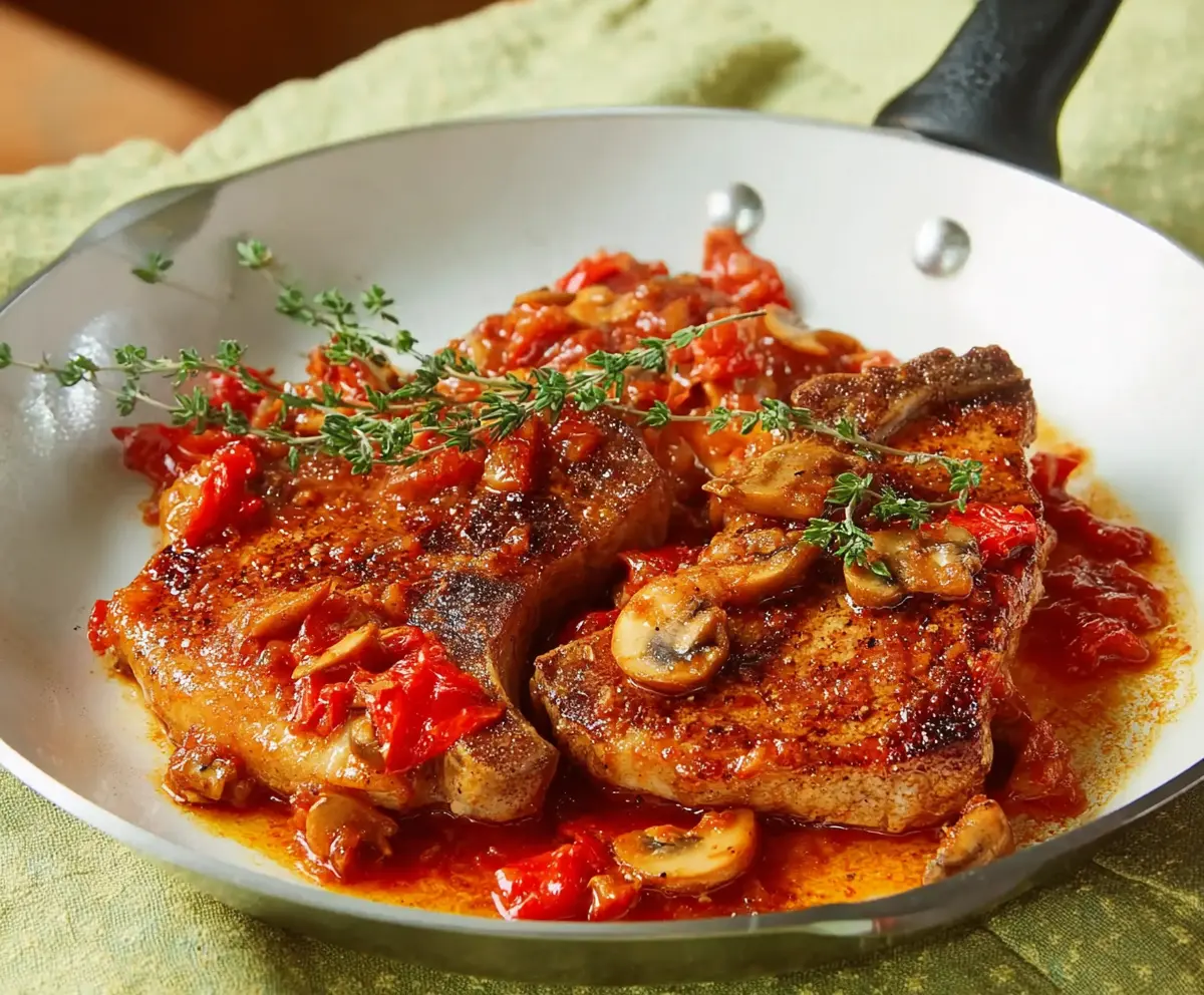 Juicy Pork Chops Italiano garnished with fresh herbs on a rustic plate for a flavorful meal.