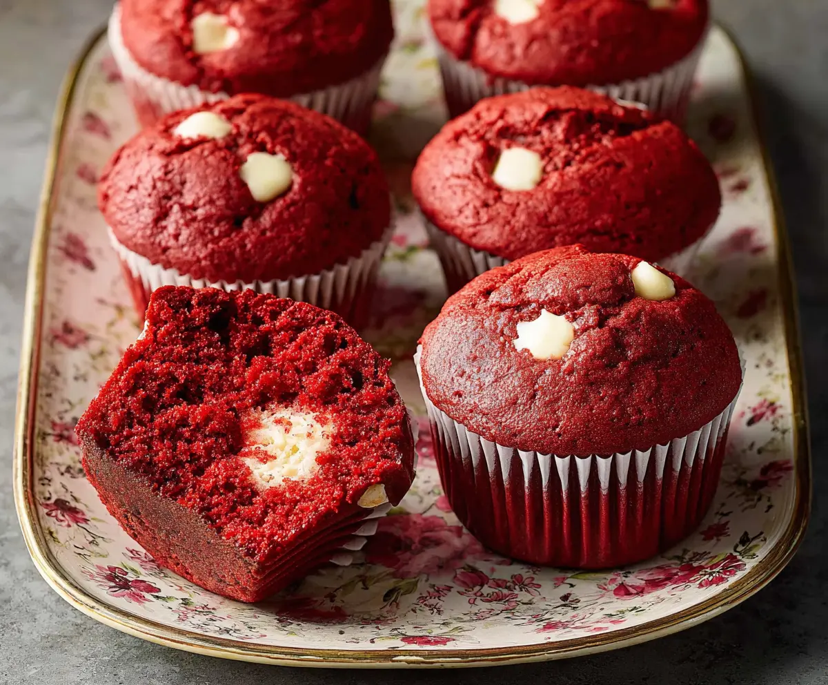 Delicious red velvet muffins with soft, fluffy texture on a baking tray.