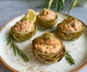 Delicious salmon pâté stuffed artichokes served as a gourmet appetizer.