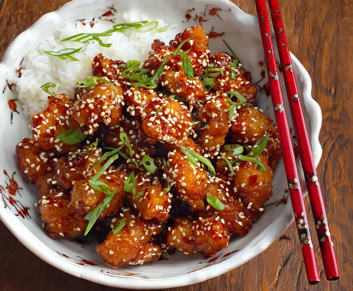 Delicious sesame chicken dish with toasted sesame seeds and savory sauce