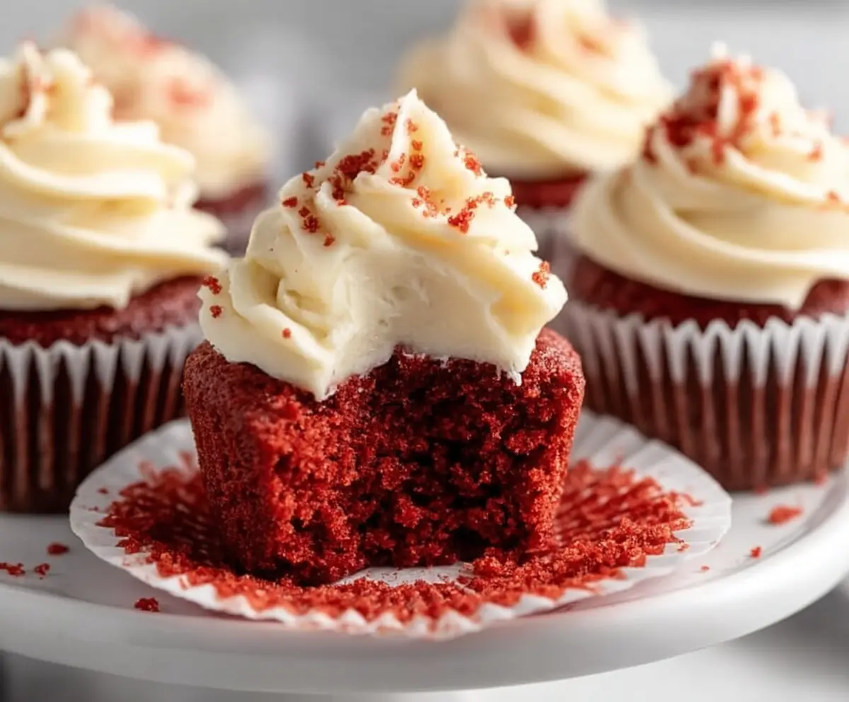 Delicious small batch red velvet cupcakes with cream cheese frosting on a decorative plate.