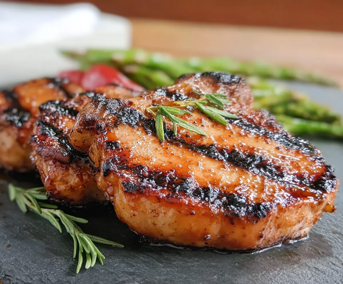 Juicy Southern Sweet Grilled Pork Chops served with roasted vegetables and fresh herbs.