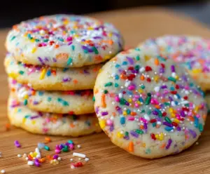 Freshly baked sprinkle cookies with colorful toppings on a rustic wooden table.