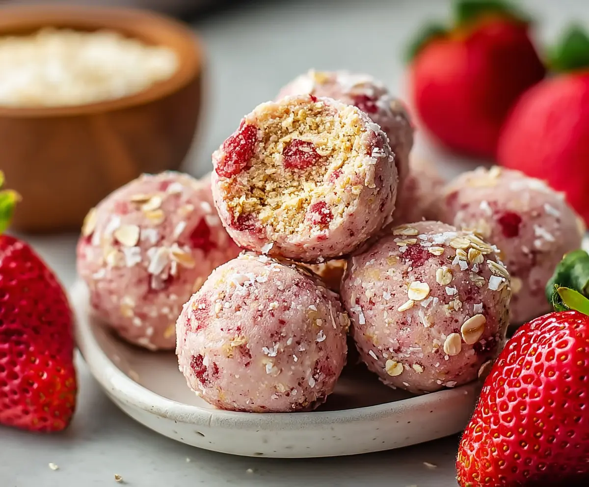 Delicious strawberry cheesecake protein balls on a white plate, perfect healthy snack for fitness lovers.