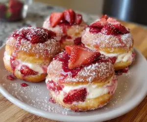 Delicious strawberry cheesecake stuffed donuts with fresh strawberries and creamy cheesecake filling.