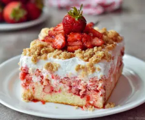 Delicious Strawberry Crunch Poke Cake with fresh strawberries and crunchy topping