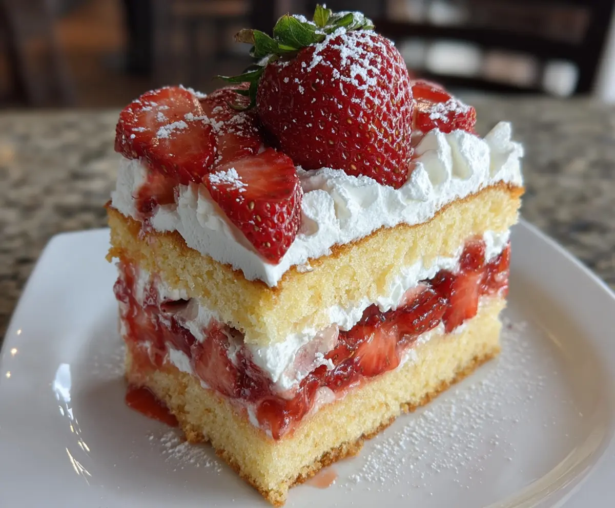 Delicious strawberry shortcake with fresh strawberries, whipped cream, and moist sponge cake on a decorative plate.