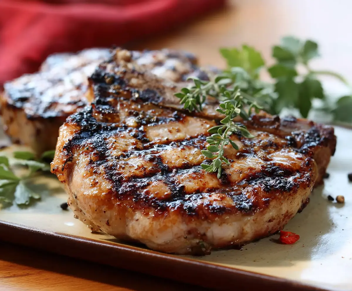 Juicy grilled Hickory pork chops with smoky aroma on a barbecue grill.