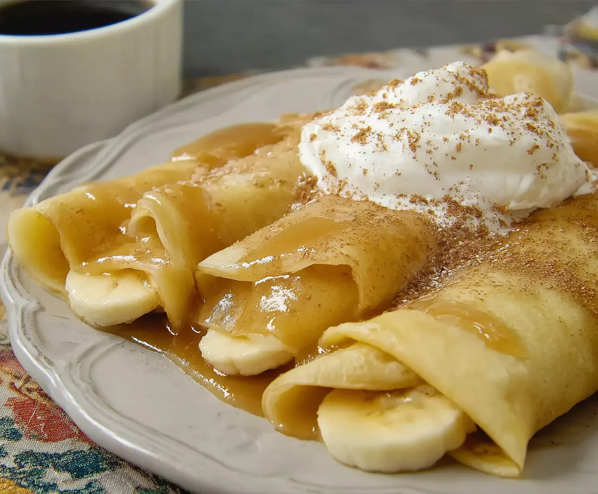Delicious banana crepes topped with fresh sliced bananas and a drizzle of honey on a breakfast plate.