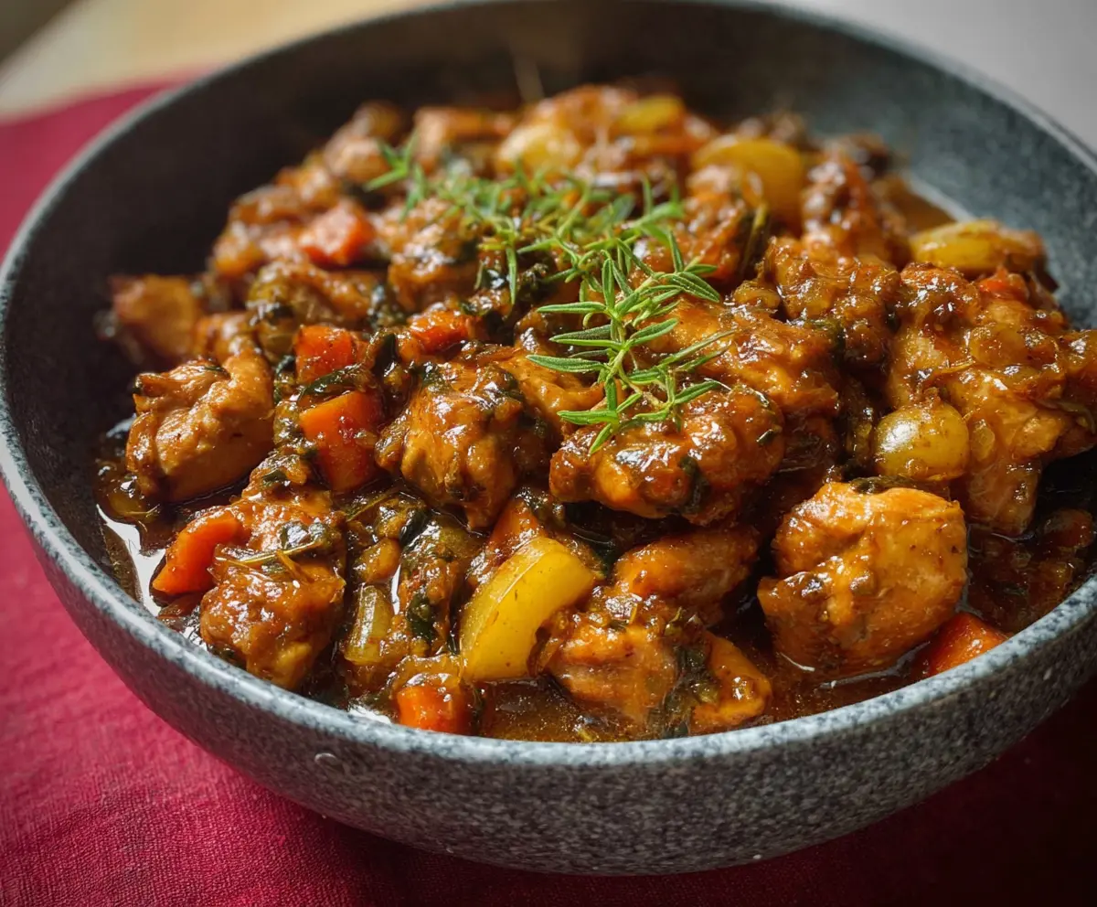 Delicious boneless brown stew chicken served with vegetables and rice.