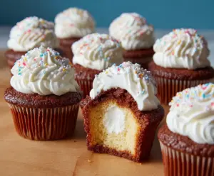 Delicious cream-filled cupcakes with smooth frosting and colorful sprinkles topping.