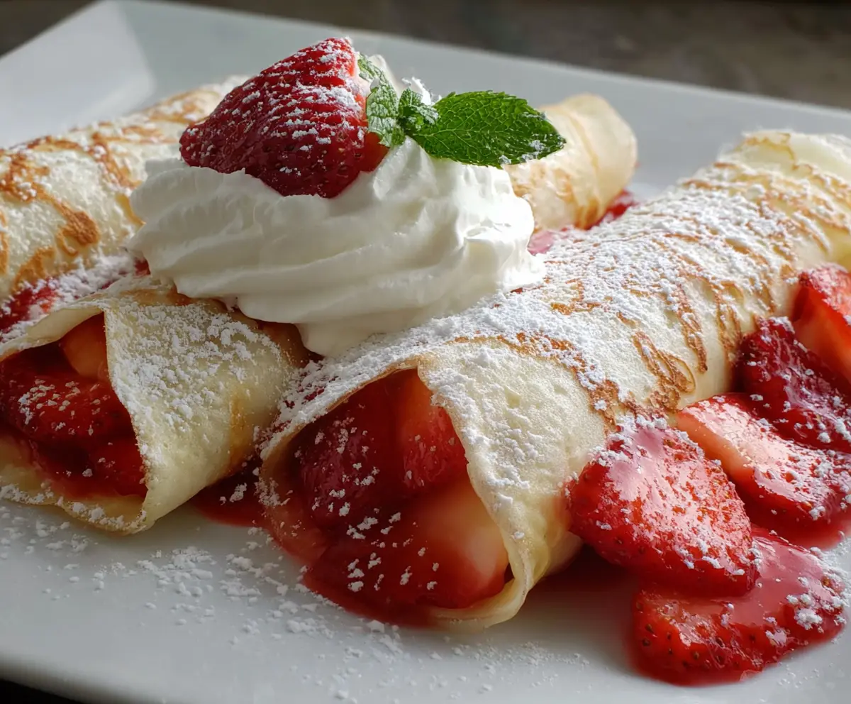 Delicious creamy strawberry crepes filled with fresh strawberries and whipped cream, served on a white plate.