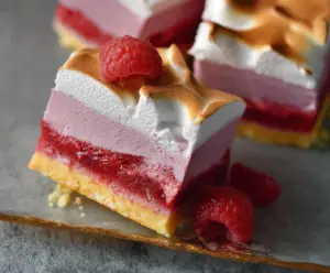 Delicious Double Raspberry Meringue Bars with fresh raspberries and crisp meringue topping