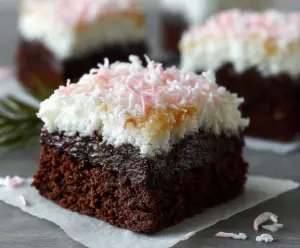 Delicious Easy Snow Ball Brownies topped with fluffy marshmallow and shredded coconut