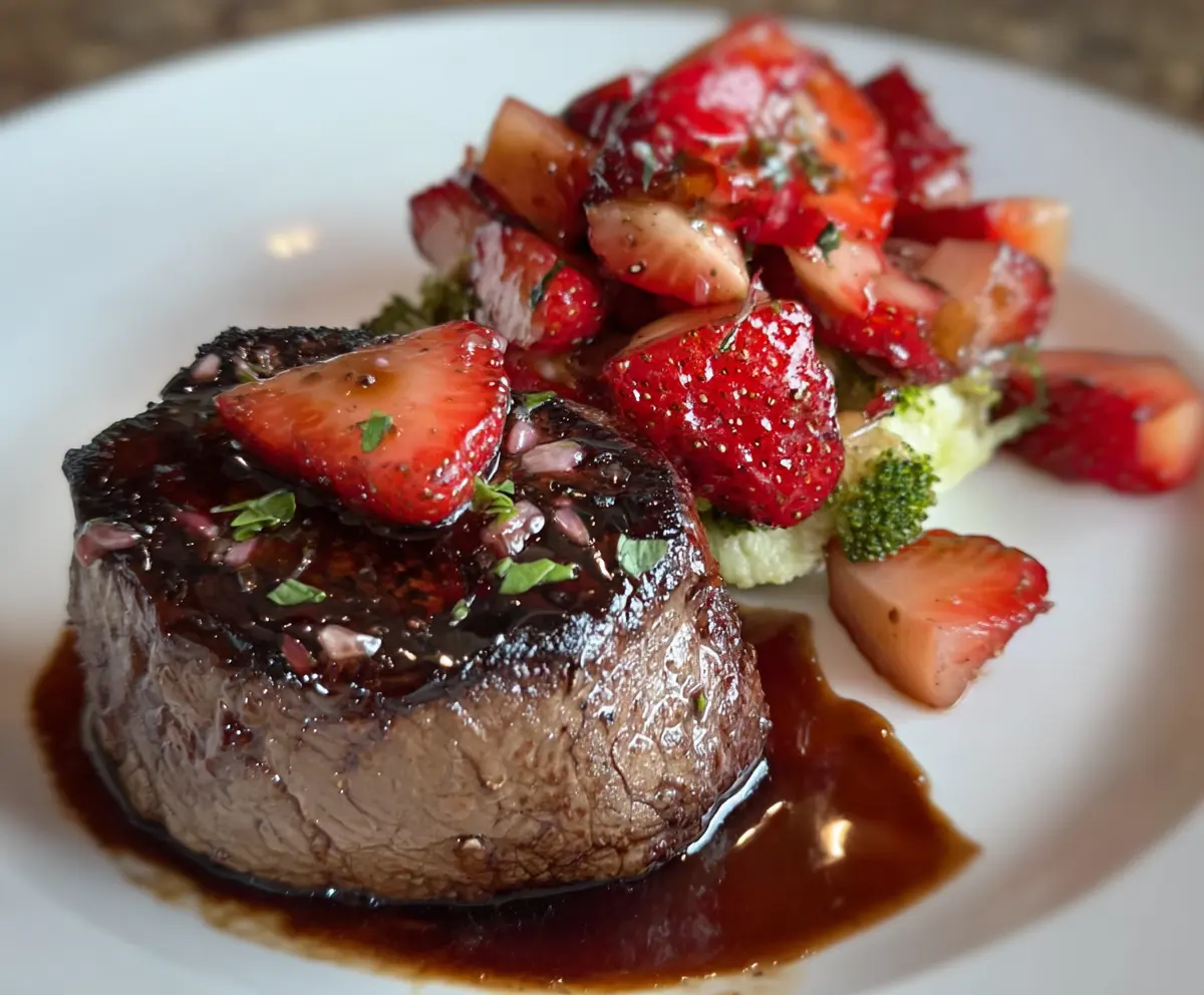 Juicy filet mignon served with fresh balsamic strawberries for a gourmet dessert.