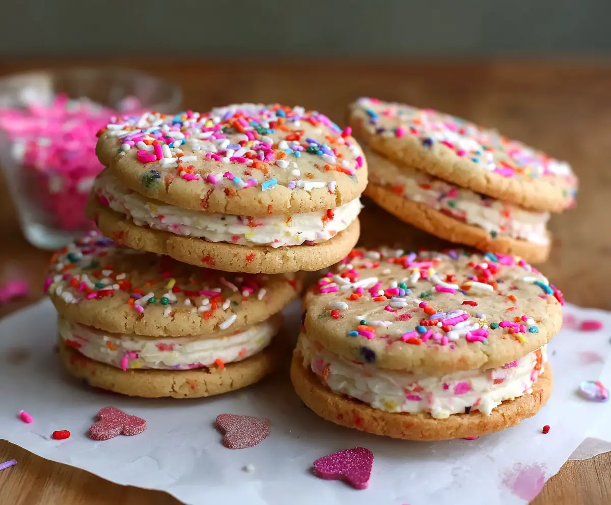 Delicious Funfetti Cheesecake Sandwich Cookies with colorful sprinkles and creamy filling.
