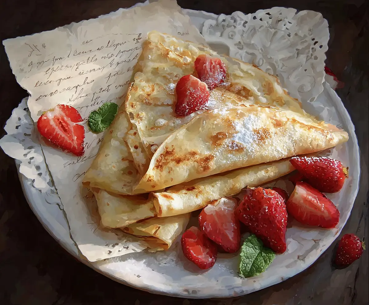 Delicious Love Letter Crepes filled with sweet ingredients, perfect for a romantic breakfast or dessert.