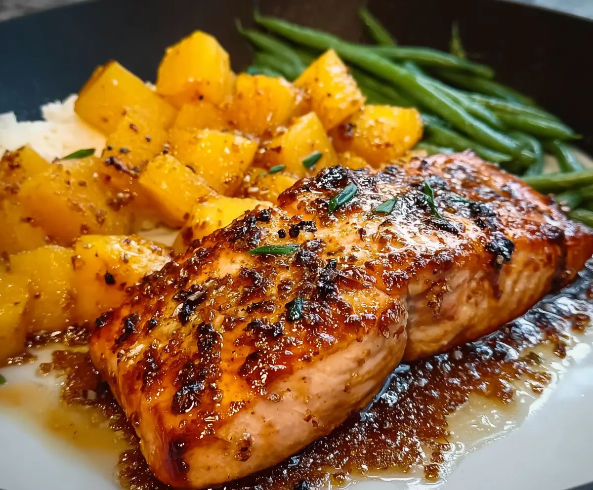 Delicious baked maple salmon garnished with fresh herbs on a wooden platter.