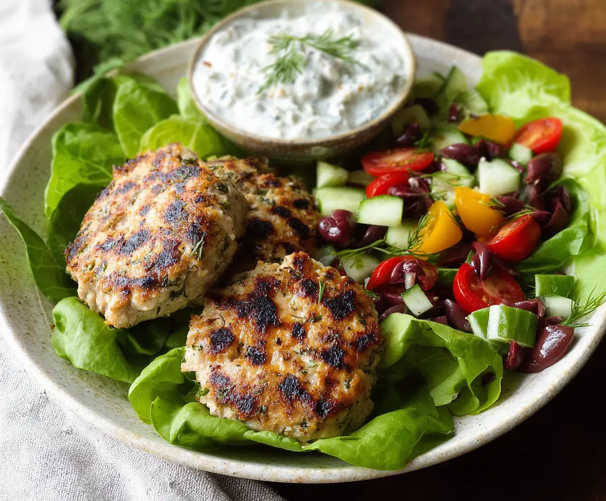 Delicious Mediterranean inspired chicken patties served with creamy tzatziki sauce on a rustic plate.