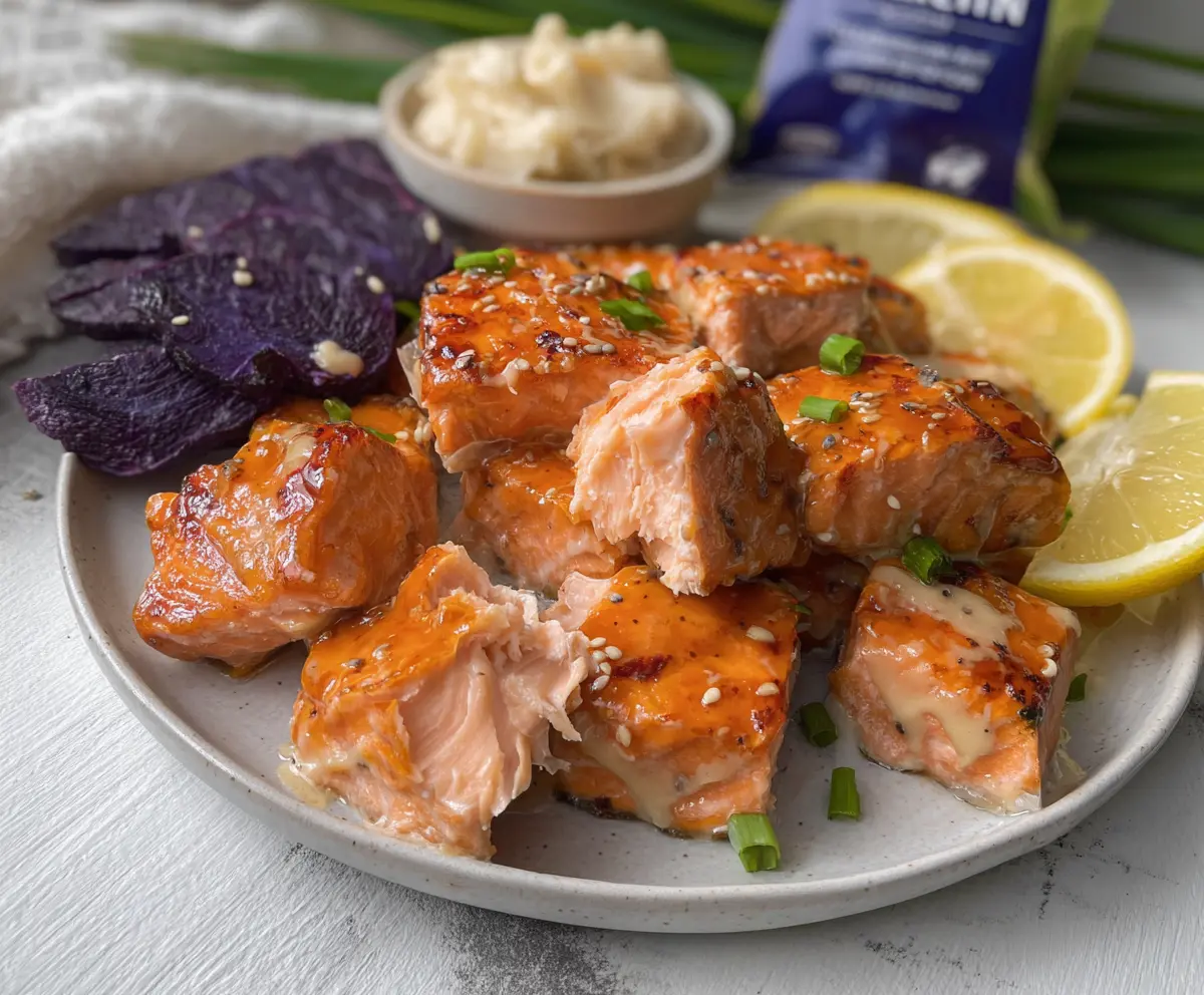 Delicious Miso Air Fryer Salmon Bites served on a white plate with fresh herbs