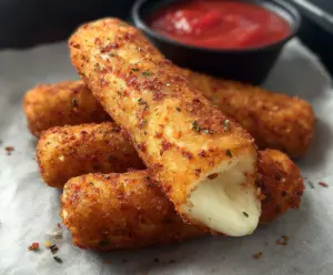 Crispy mozzarella sticks served with marinara sauce, perfect for appetizers