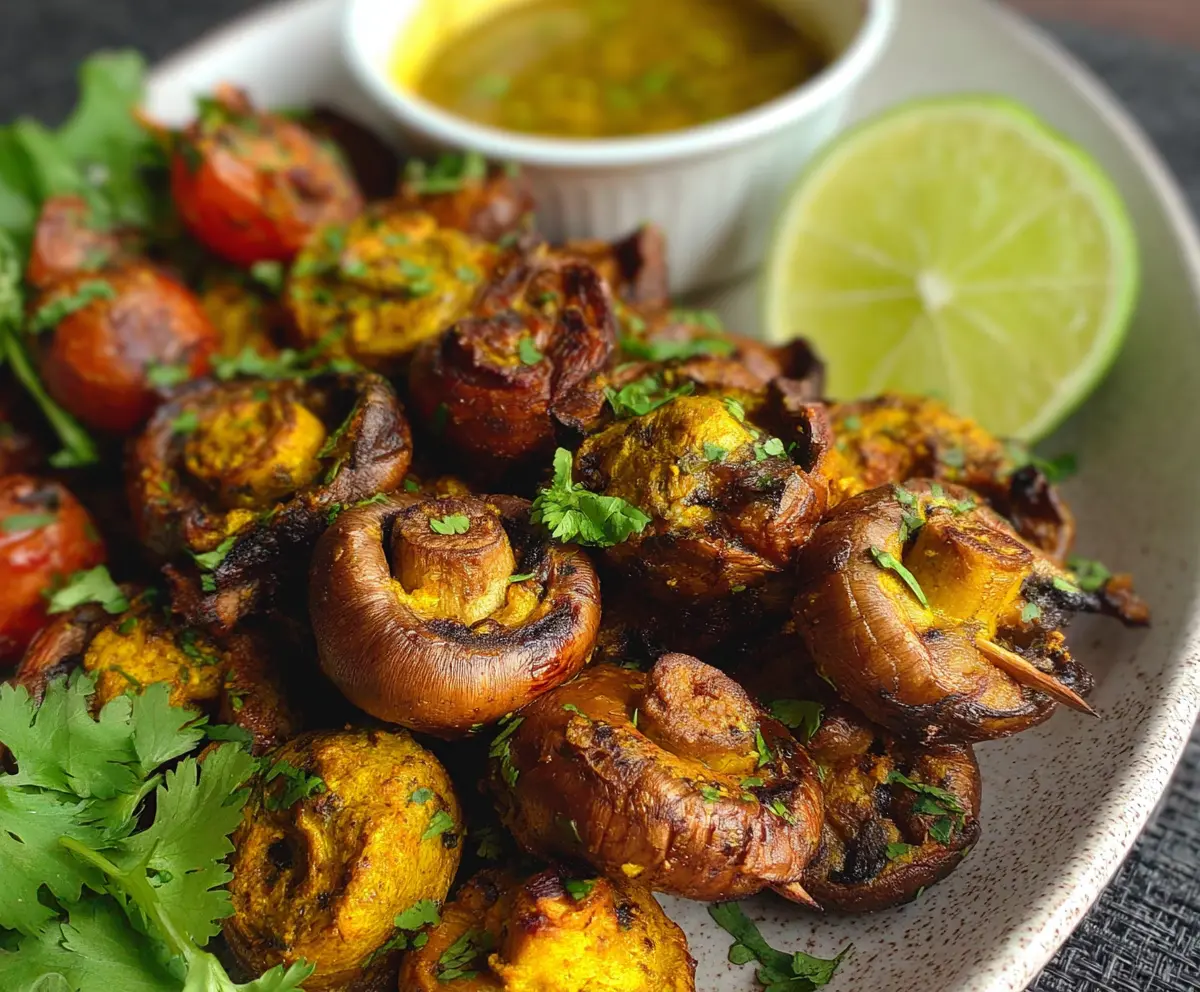 Delicious Mushroom Tikka Skewers grilled to perfection with vibrant spices