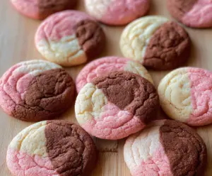 Delicious homemade Neapolitan cookies with vibrant layers of chocolate, vanilla, and strawberry dough.