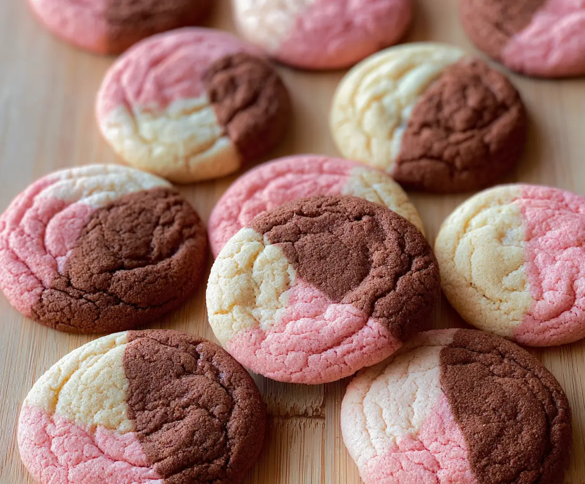 Delicious homemade Neapolitan cookies with vibrant layers of chocolate, vanilla, and strawberry dough.