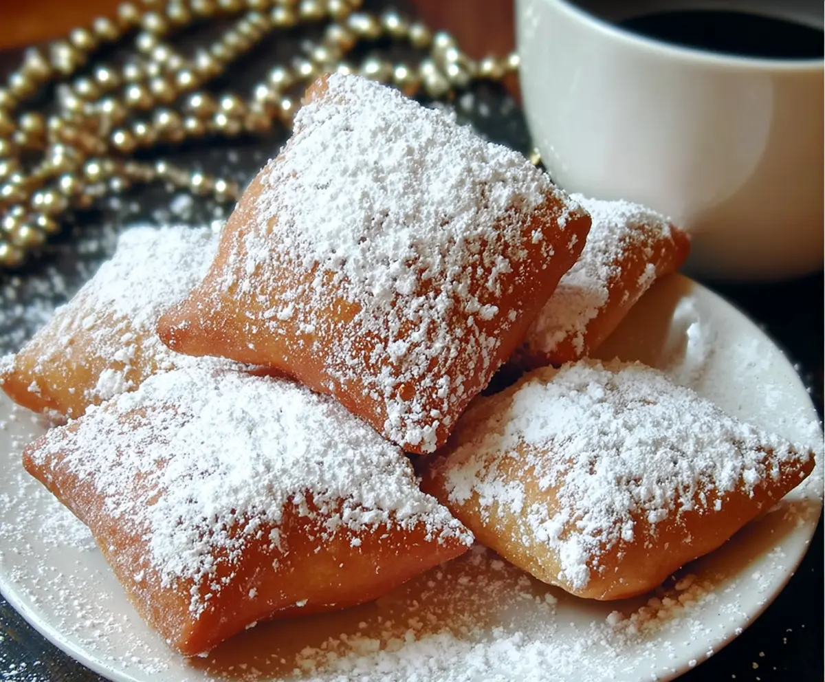 Golden New Orleans Beignets dusted with powdered sugar, served fresh and hot.