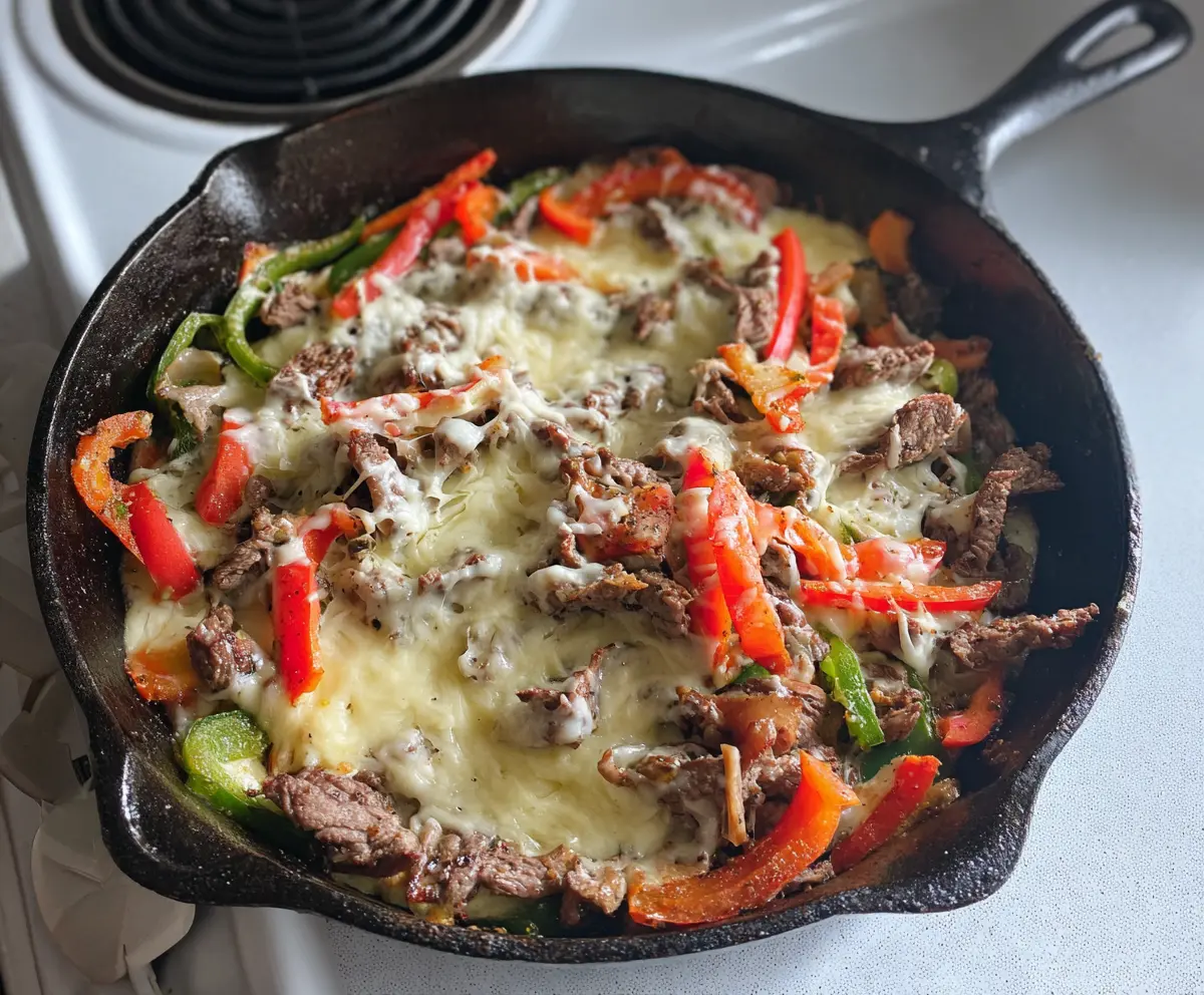 Delicious Philly Cheesesteak Skillet recipe with tender steak, melted cheese, and fresh vegetables, perfect for a keto diet.