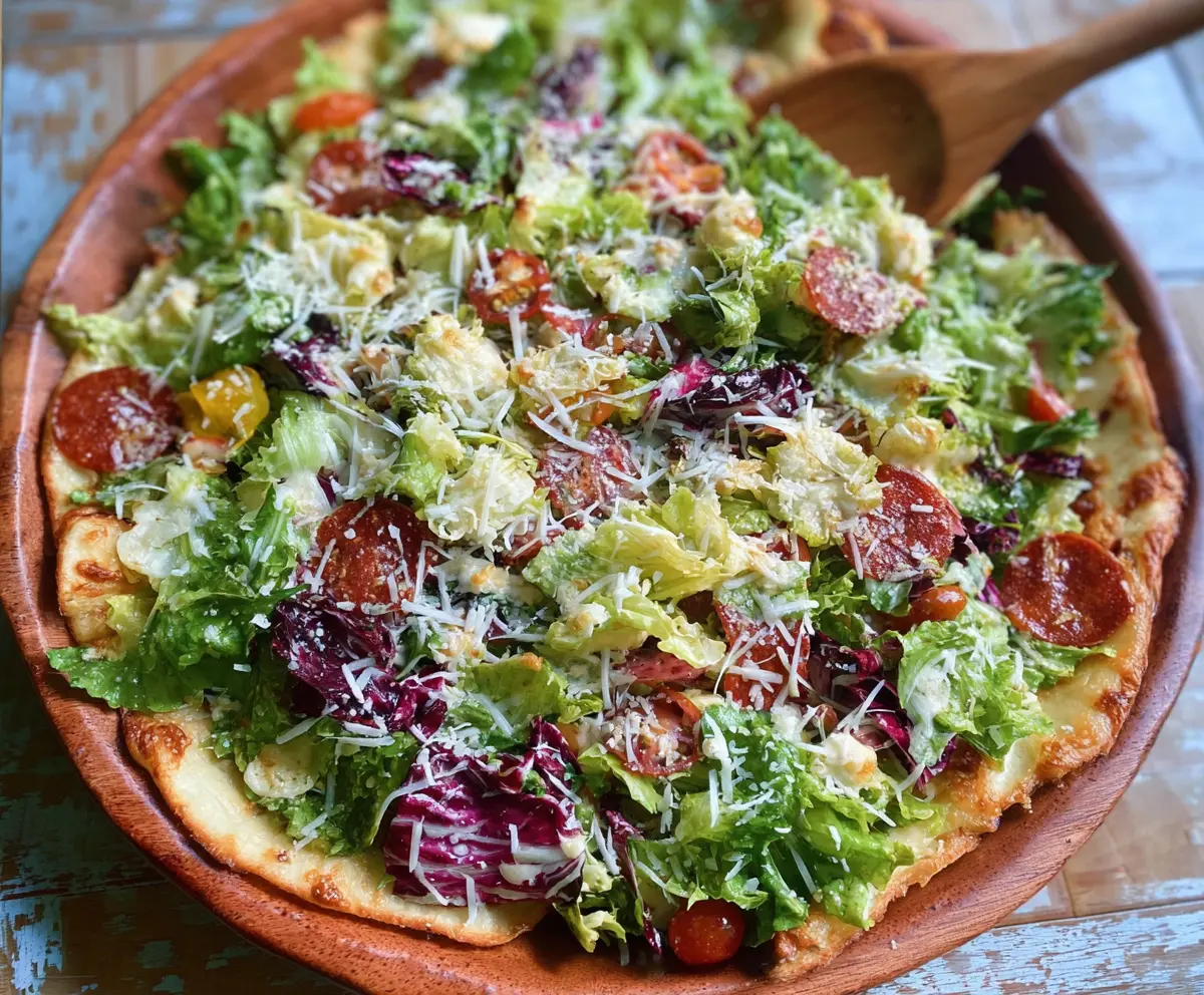 Fresh and colorful Pizza Night Salad with mixed greens, cherry tomatoes, and mozzarella cheese.