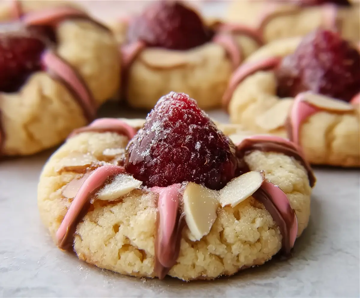 Delicious Raspberry Almond Kiss Cookies with fresh raspberries and almond toppings.