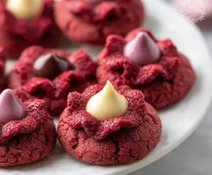 Delicious Red Velvet Blossom Cookies with chocolate kiss topping on a white plate.