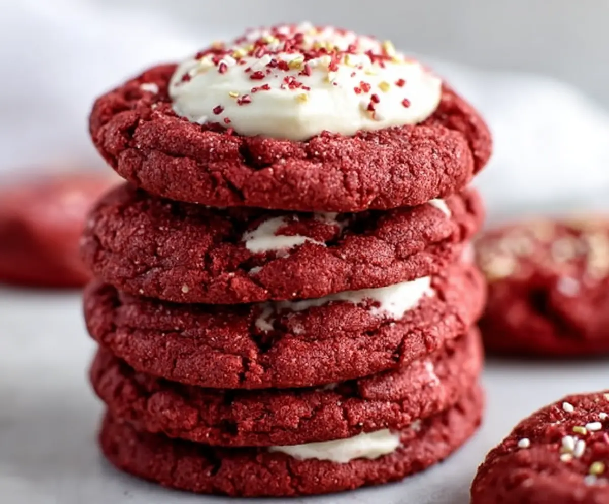 Delicious red velvet cake mix cookies with creamy frosting on a plate.
