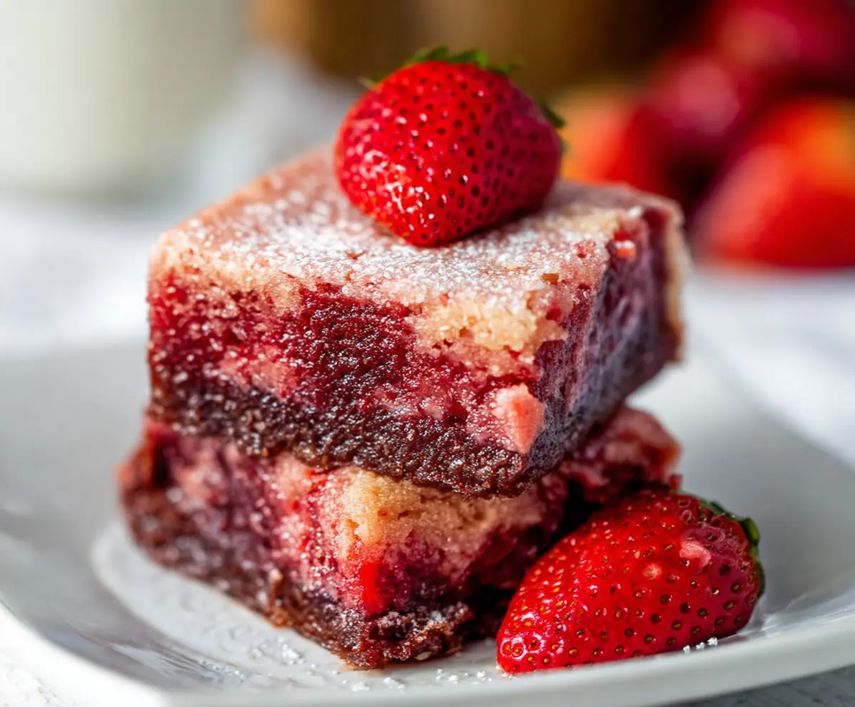 Delicious homemade strawberry brownies with fresh strawberries and rich chocolate base