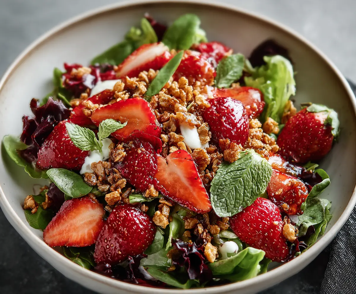 Delicious Strawberry Crunch Salad with fresh strawberries and crunchy toppings in a glass bowl