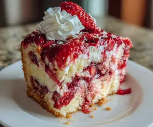 Delicious Strawberry Earthquake Cake with fresh strawberries and rich chocolate topping