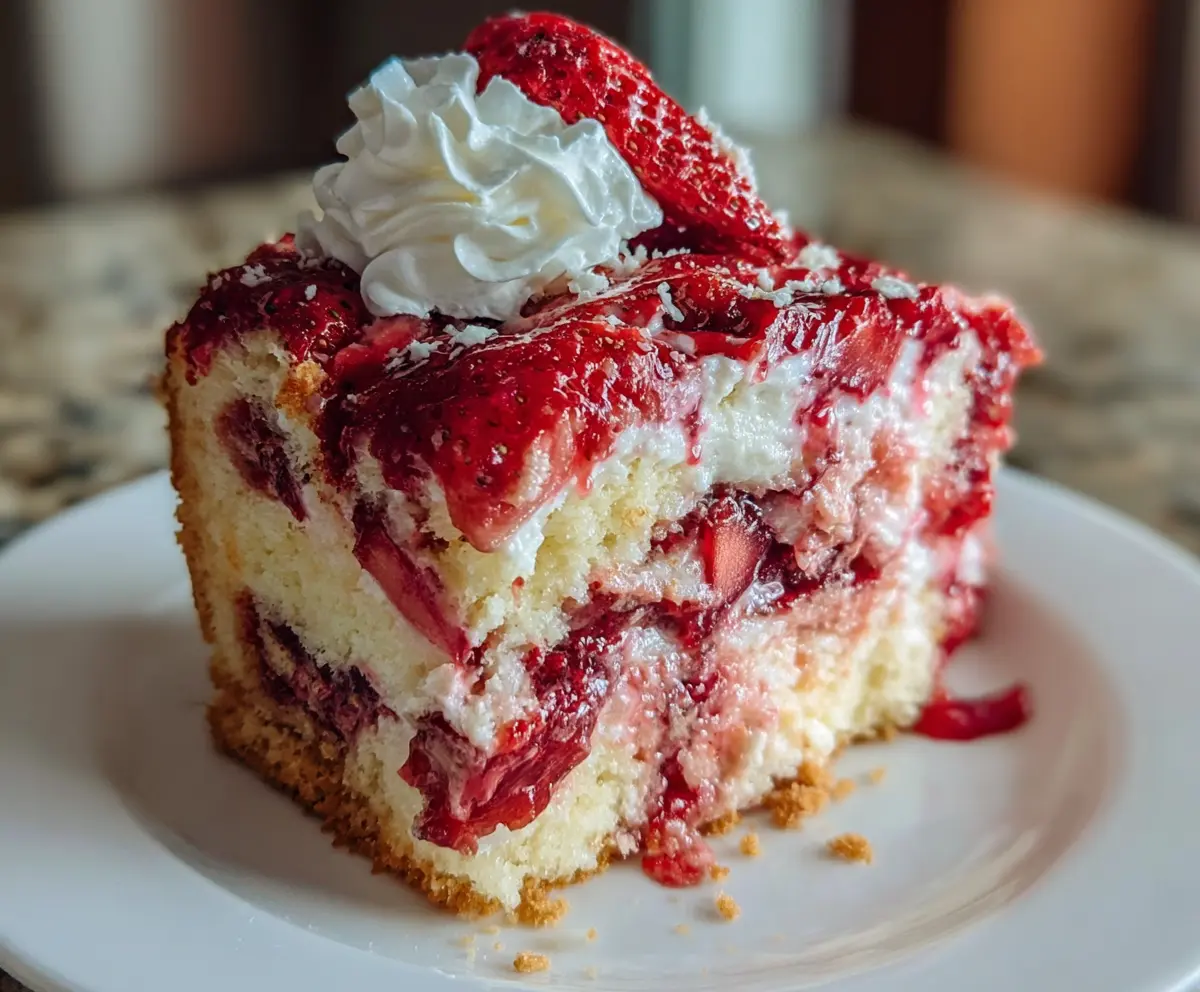 Delicious Strawberry Earthquake Cake with fresh strawberries and rich chocolate topping
