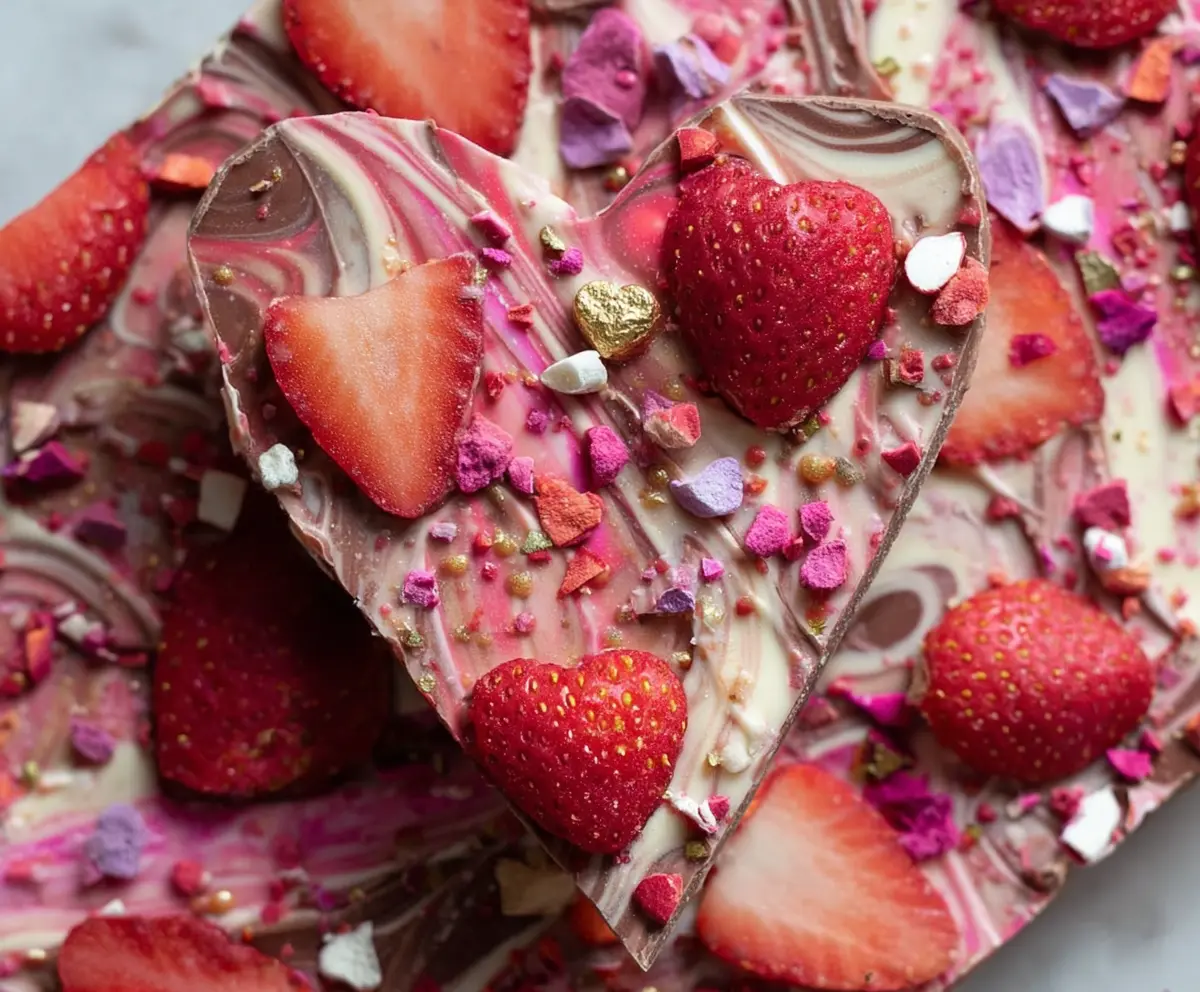 Delicious homemade Strawberry Heart Bark with fresh strawberries and melted chocolate.