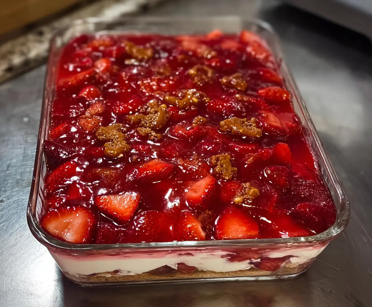 Creamy strawberry pretzel salad with fresh strawberries and crushed pretzels for a delicious dessert.