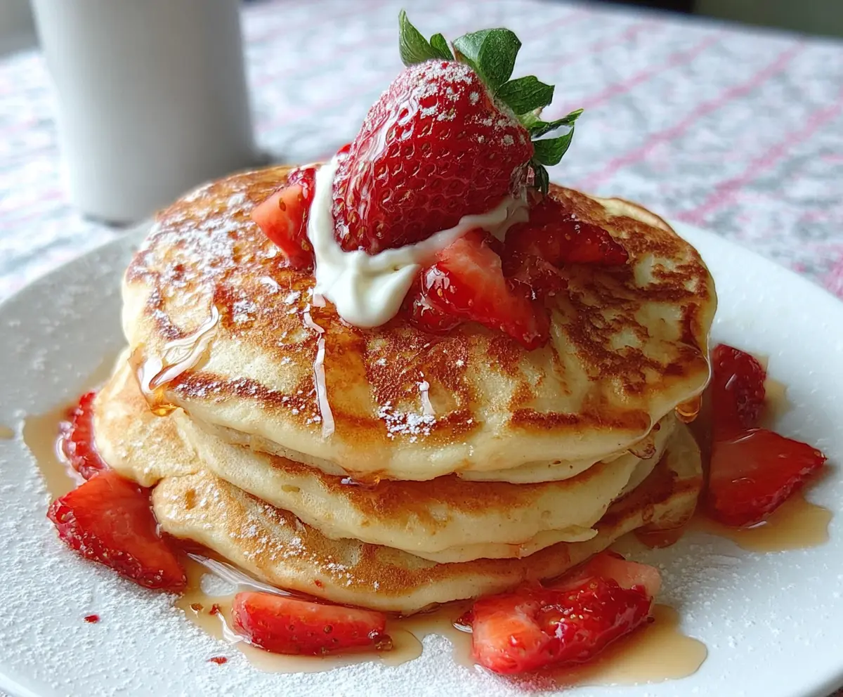 Delicious homemade strawberry vanilla pancakes topped with fresh strawberries and a drizzle of syrup.